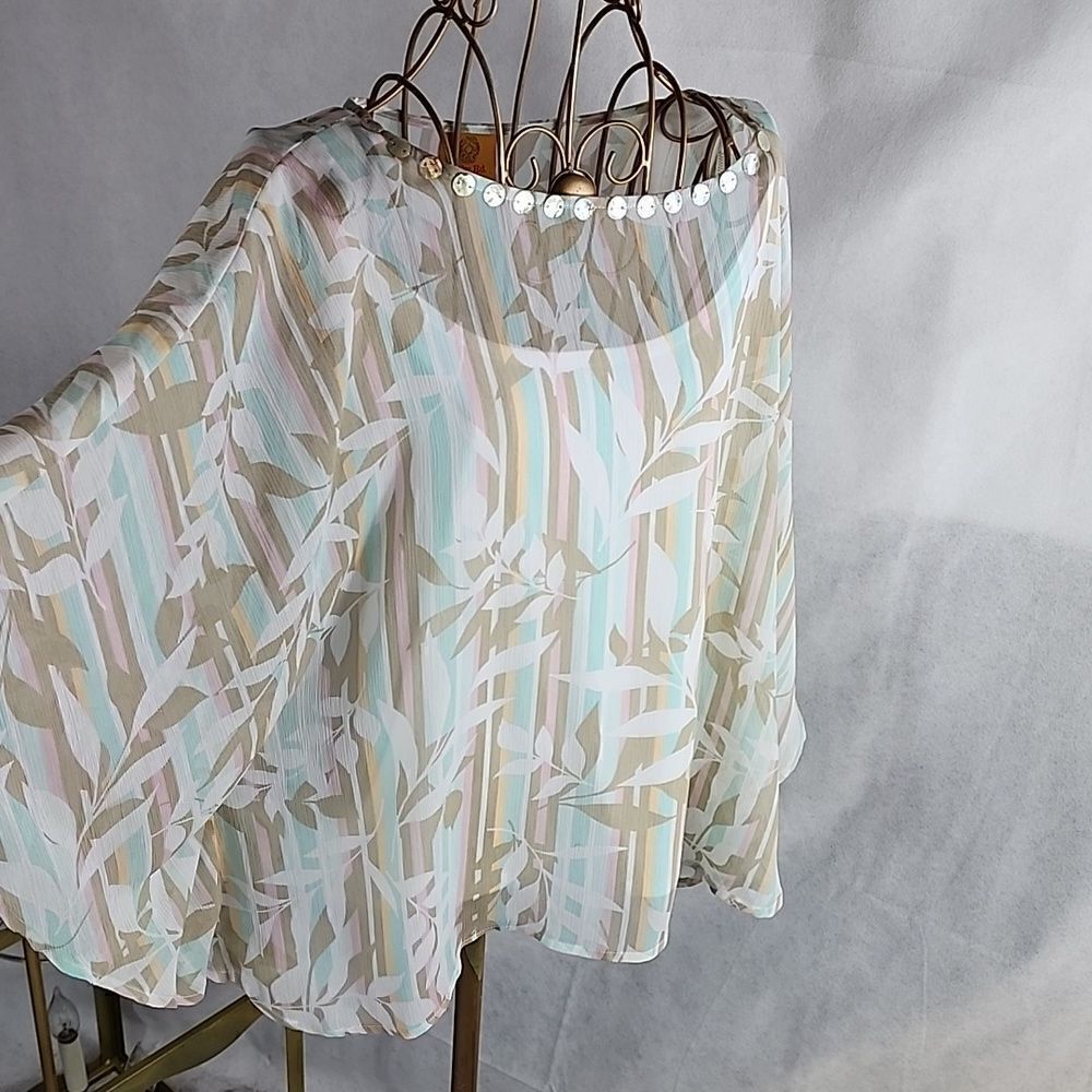 Mother of Pearl Bead Embellished Sheer Batwing Sleeve Chiffon Top